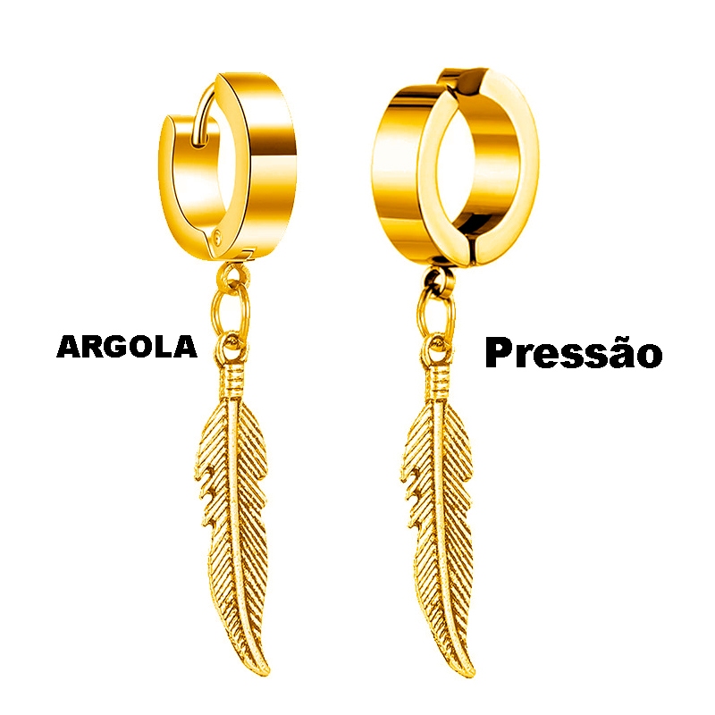 Brinco de Pressão e argola masculino feminino folheado dourado em aço Inox com pena penas peninha estipo bts