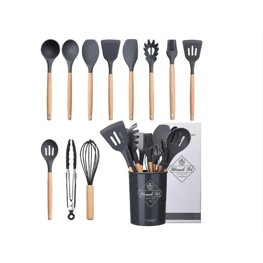 Jogo de Cozinha Kit C/12 Peças de Silicone, Utensílios e Copo Suporte para Cozinha Cabo de Madeira Su