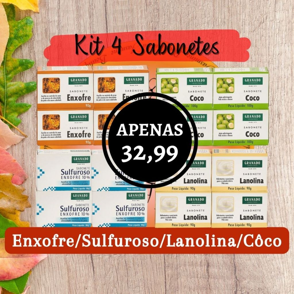 Kit 4 Sabonetes Enxofre, Sulfuroso Enxofre 10%, Côco ou Lanolina 90g - Granado