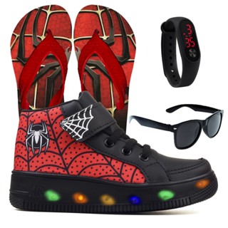 Kit Tenis Masculino Infantil De Led Para Meninos Botinha Homem Aranha Velcro + Óculos + Relógio + Chinelo Barato Macio Confortável