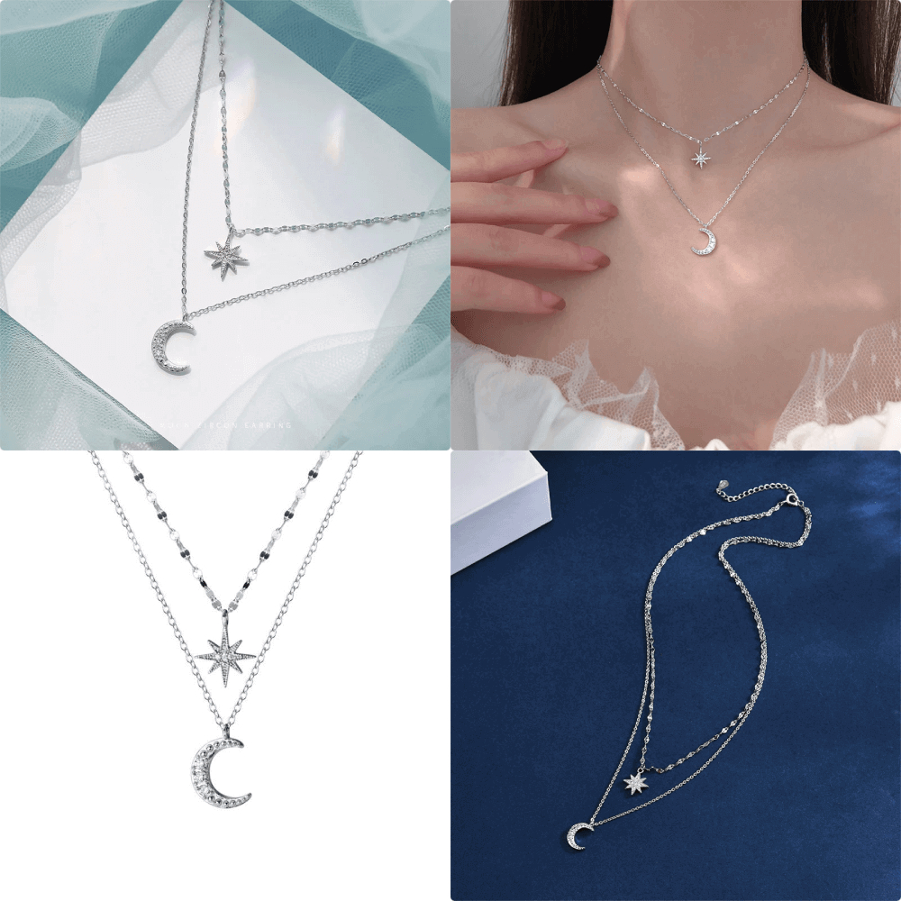 Colar Gargantilha Choker Duas Camadas Lua e Estrela