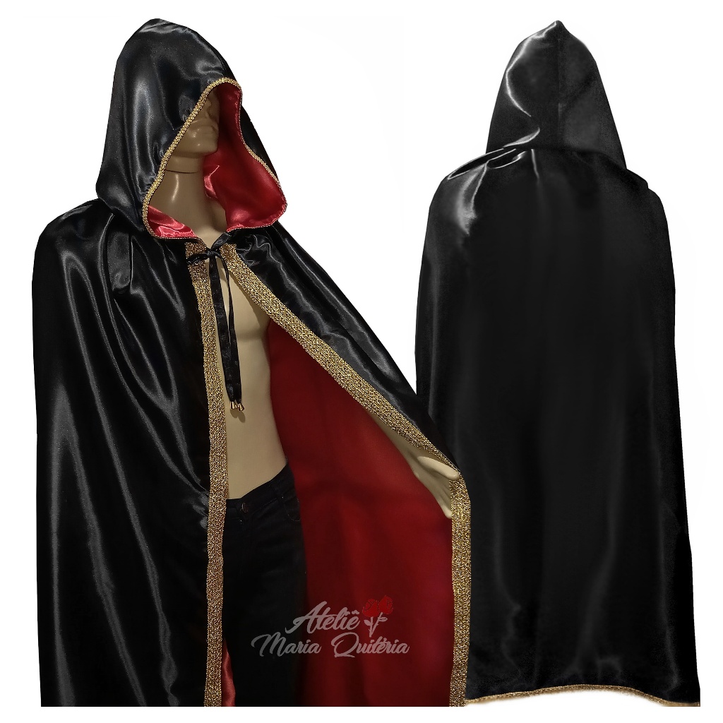 Capa De Exu Com Capuz Cor Preto/Vermelho Com Detalhes Em Dourado Tecido Cetim - Umbanda