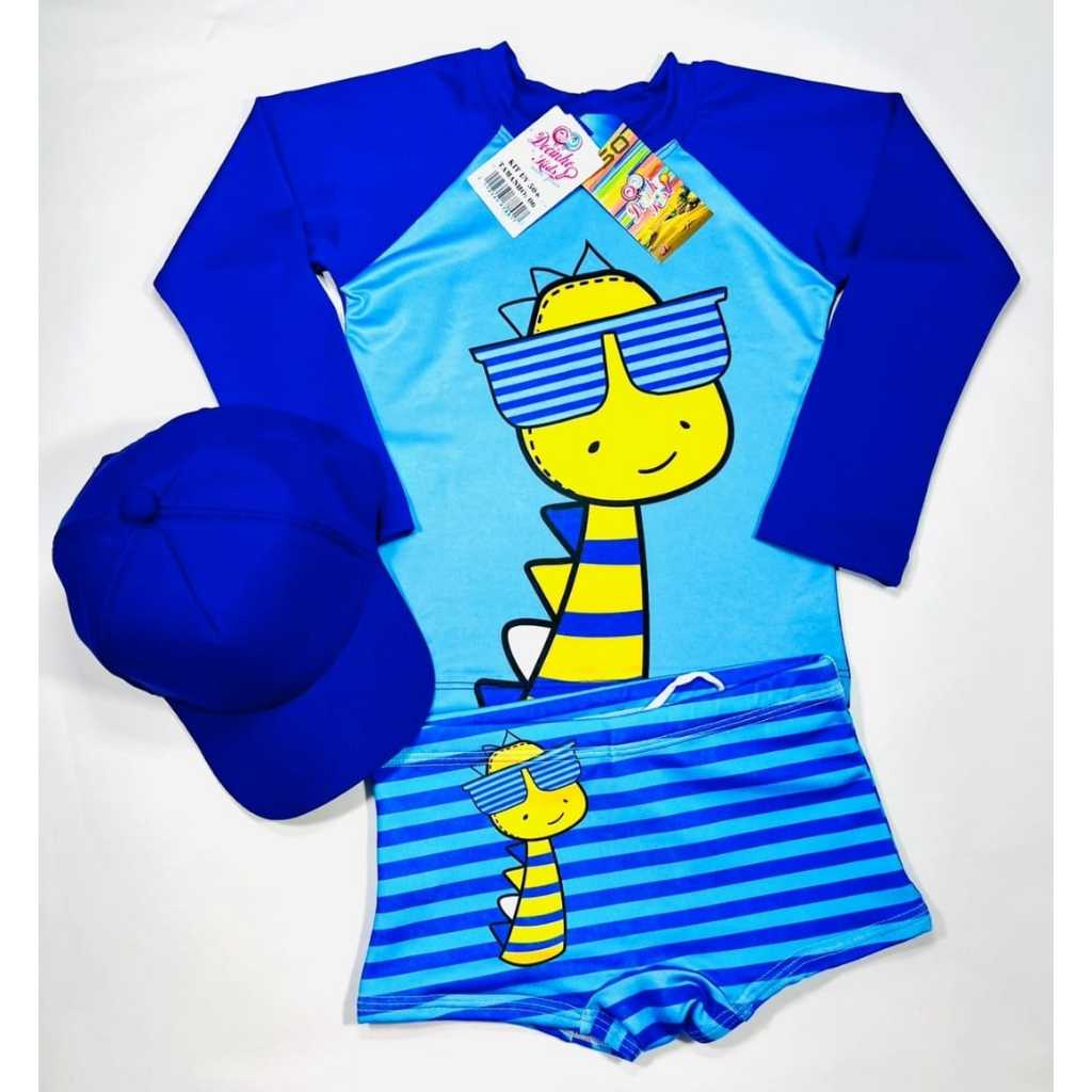 Kit Sunga Bebê e Infantil + Blusa com Proteção Solar Bebê Infantil UV50 Manga Longa para Meninos + Boné