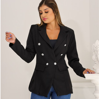 Blazer Feminino Casaquinho Maxi Longo Sobretudo Alfaiataria Social Blazer Com Botão