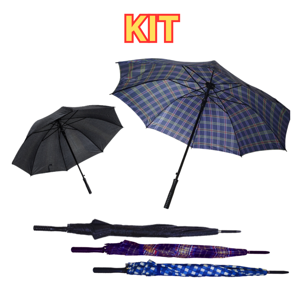 KIT 6 Guarda Chuva Grande Reforcado Automático Masculino Resistente tipo Espetão de Portaria Preto ou Xadrez