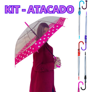 KIT 10 Guarda Chuva Sombrinha Transparente Automático Reforçado com Bolinhas Masculino Feminino Poa