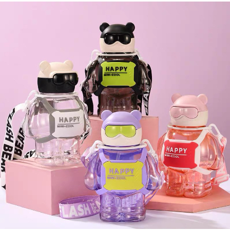 Garrafa de água de óculos de urso astronauta com alça portátil adesivo 800ml