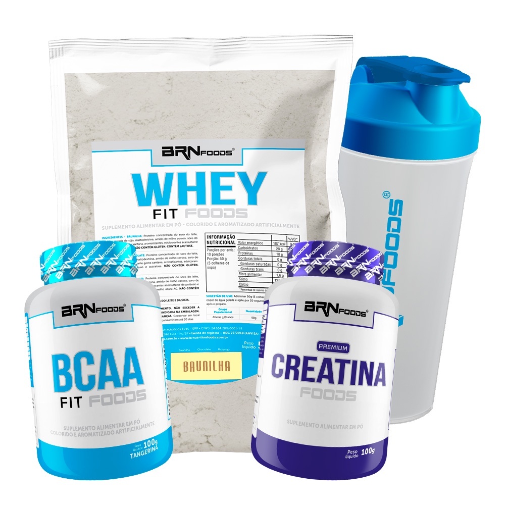 Kit Whey Protein Blend Foods 500g Refil, BCAA Fit 100g Sabor Tangerina, Premium Creatina 100g, Coqueteleira - BRN Foods - Kit para ganho de massa muscular e aumento de força