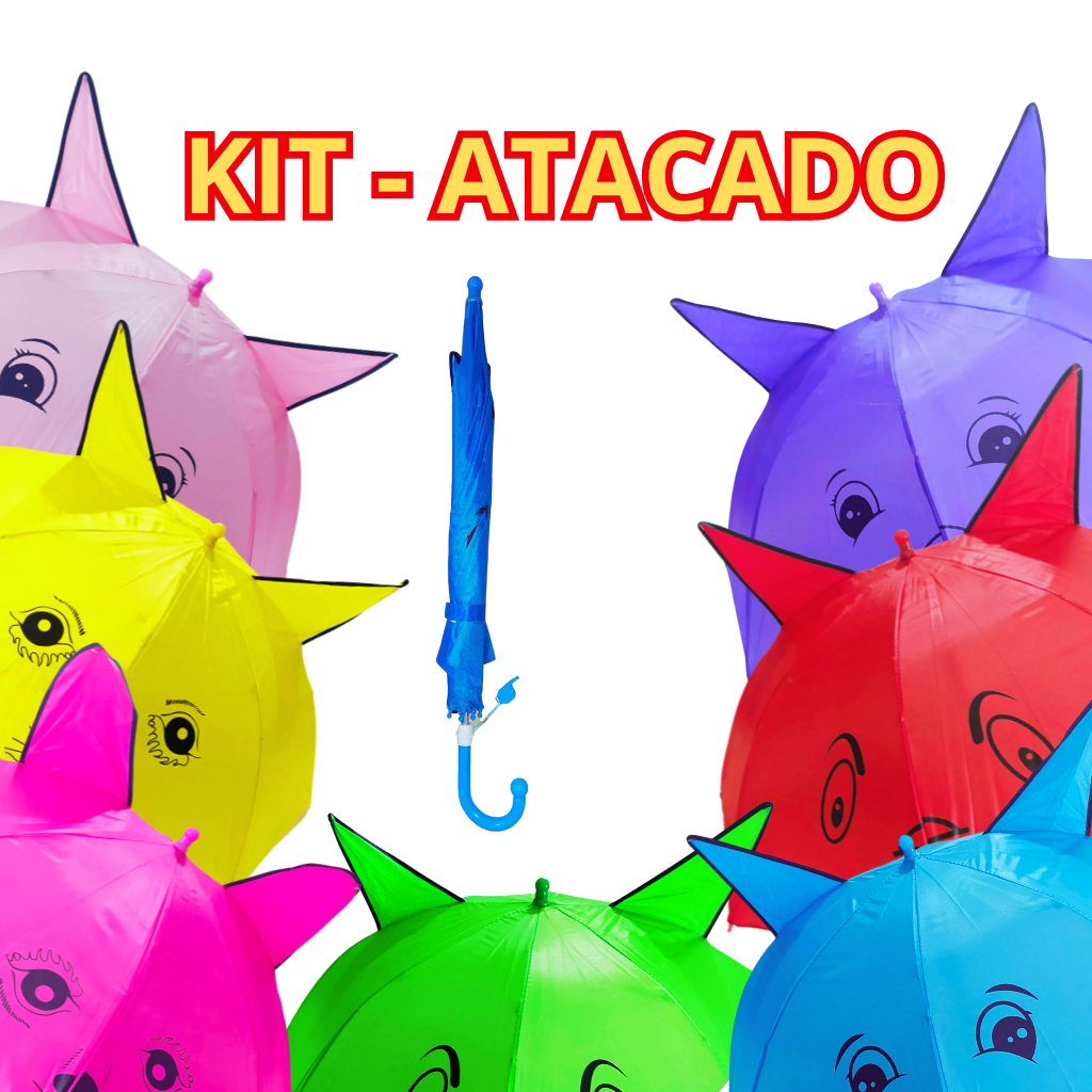Kit 10 Guarda Chuva infantil sombrinha com Orelhinhas para menino e menina automático com apito