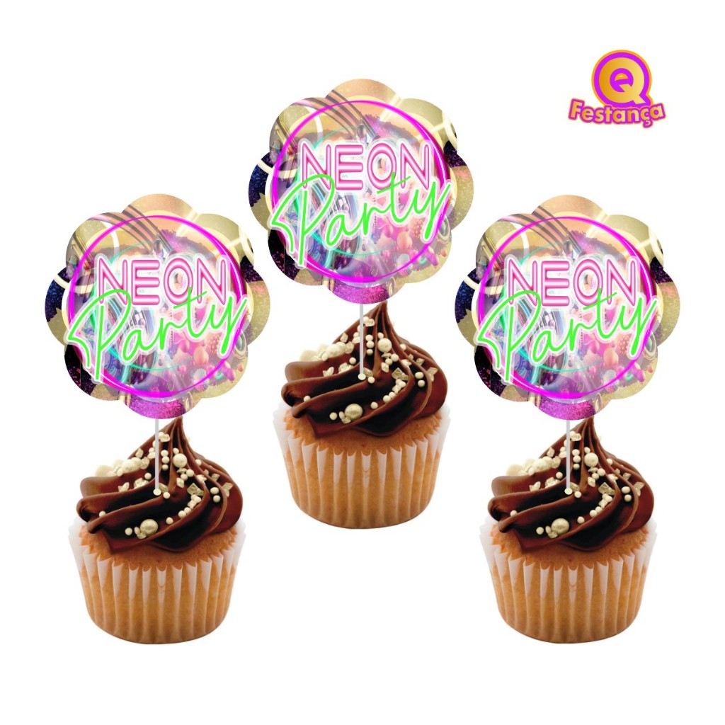 Topper para Cupcake Balada Neon -Tema de Festa Neon, Kit Balada, Kit Neon.