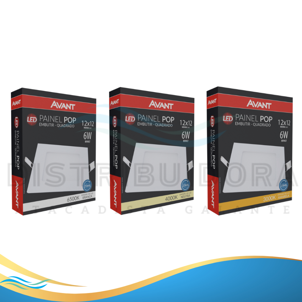Painel Plafon Luminaria Embutir Quadrado Teto/Gesso/Forro Pvc Led Branco 6w/12w/18w/24w/30w 3000k/4000k/6500k Avant