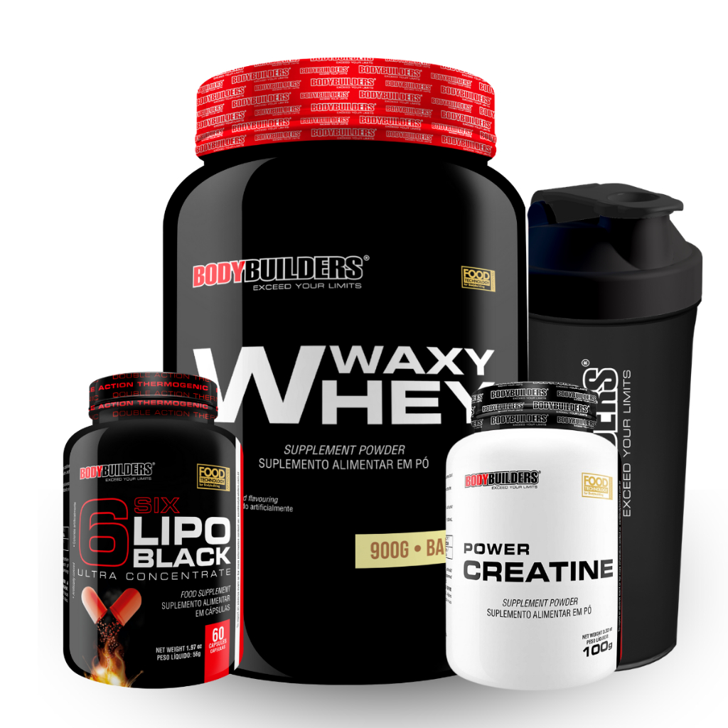 Kit Waxy Whey 900g + Power Creatina 100g + 6 Six Lipo Black 60 Cáps + Coqueteleira - Bodybuilders em Oferta na Shopee