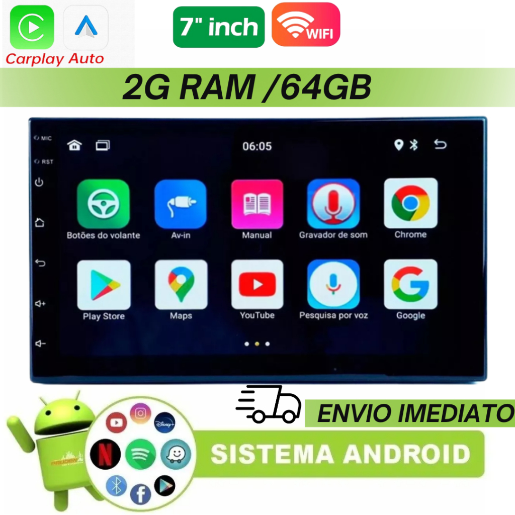 Central Multimídia Android 2 Din 7pol Player + Gps Integrado