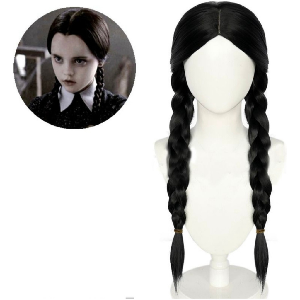 Peruca Preta Trança Wandinha Cosplay Família Addams Cabelo Fantasia