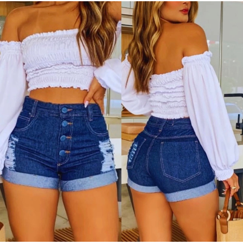 Short Jeans Feminino Cintura Alta Com Lycra Levanta Bumbum Destroyed