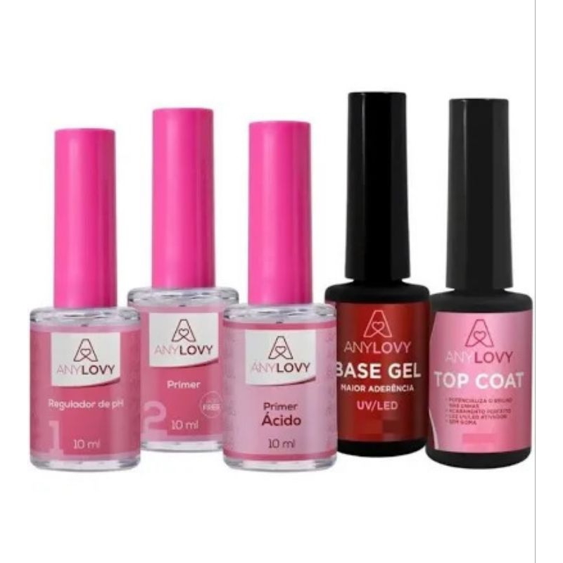 preparadores Any Lovy primer free + primer acido + regulador de ph +  base gel + top coat