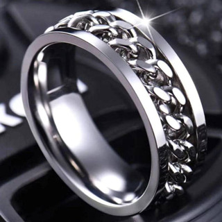 anel masculino Redondo com corrente Aço inox 316L/ anel prata joias de Luxo/ Anel masculino prateado para homens usar como abridor