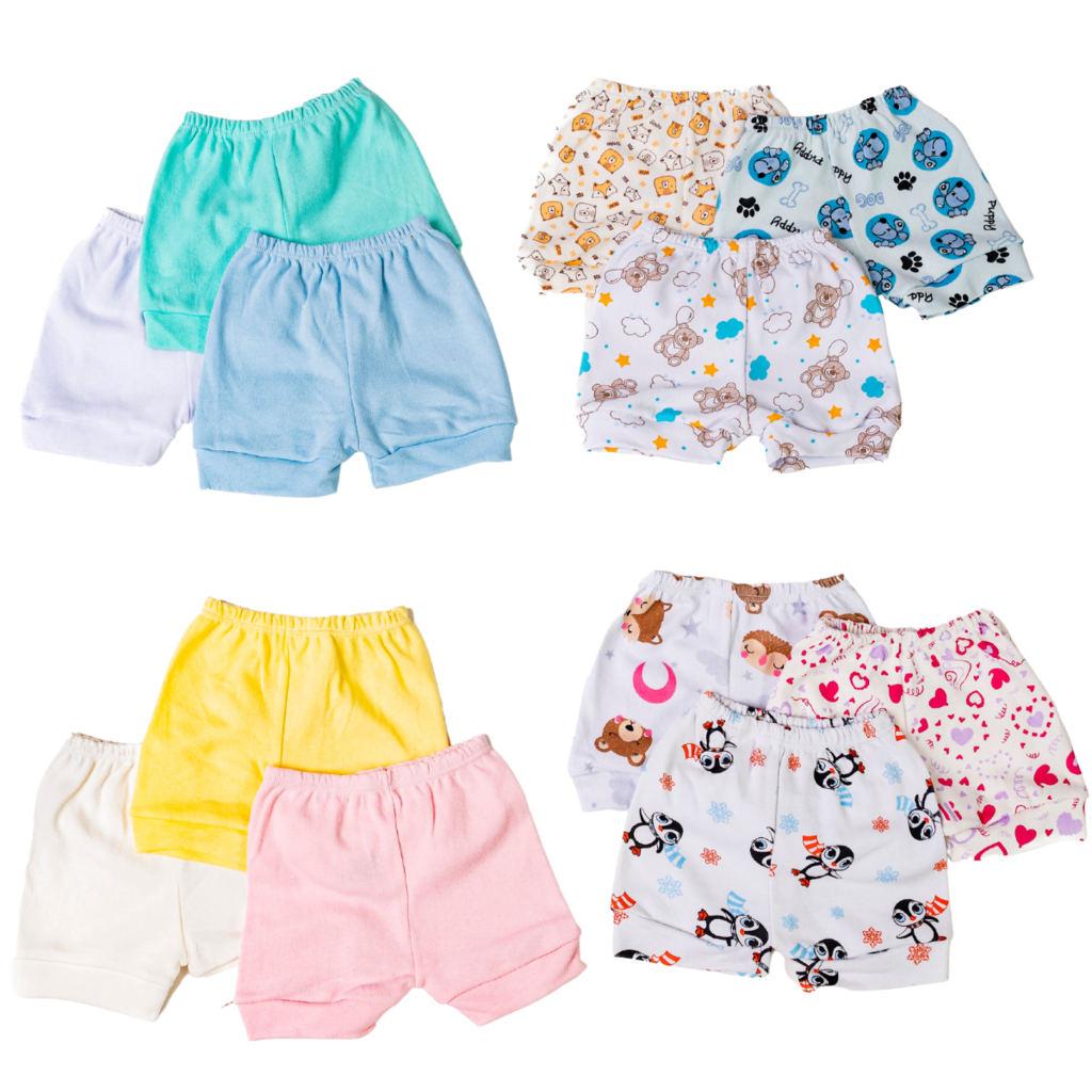 Kit 4 Shorts Tapa Fralda Para Bebês Liso ou estampado 100% Algodão Barato