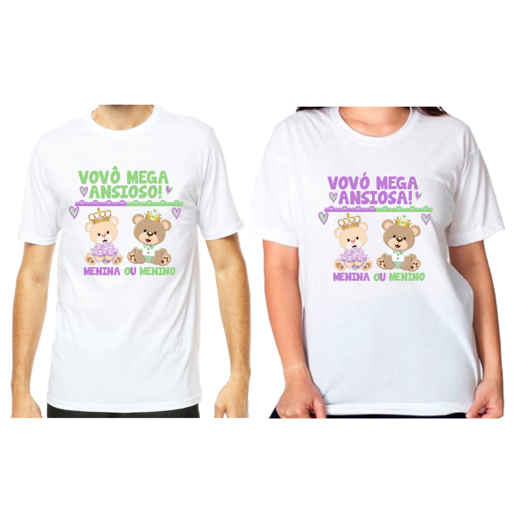 2 camisetas, blusas personalizadas vovô e vovó mega ansiosos verde e lilás chá revelação 1212 em Oferta na Shopee