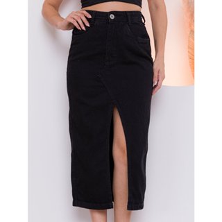 Saia jeans midi com fenda
