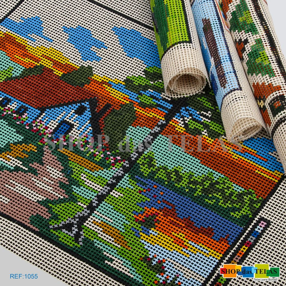 Kit para Bordar Quadro Paisagem Meio Ponto (1055) Tela +Lãs+Agulha+Manual SHOPdasTELAS Tapeçaria