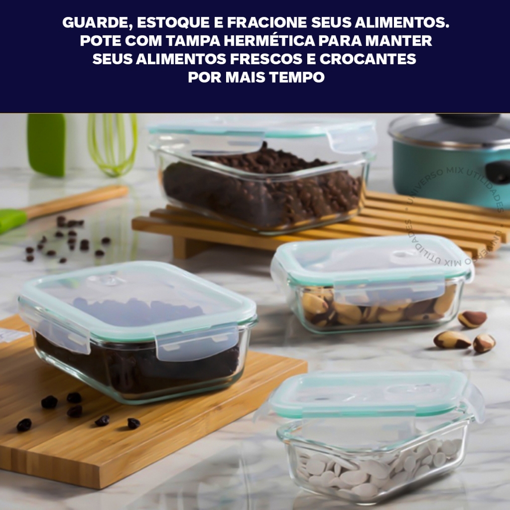 Kit 5 ou 10 Potes Vidro Hermético 640ml Retangular 4 Travas Marmita Premium · foto 2