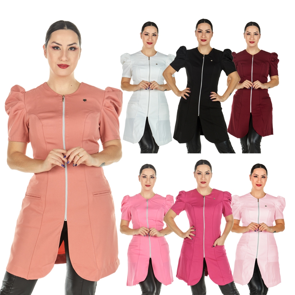 Jaleco Feminino PLUS SIZE Manga Curta Bufante Princesa Acinturado Profissional Esteticista Dentista Nail Designer Salão de Beleza Estudante Consultório