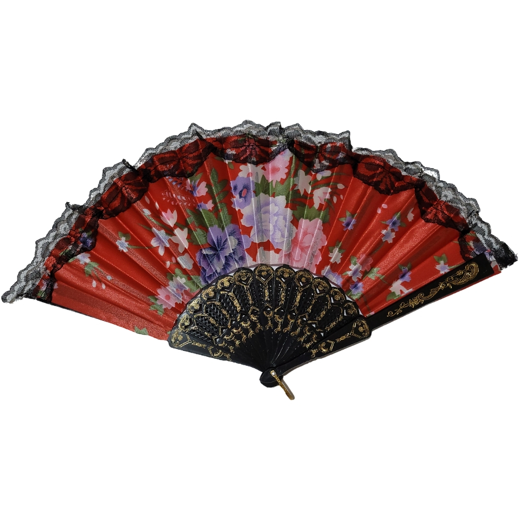 Leque Dobrável Florido com Rendinha para Abanar
