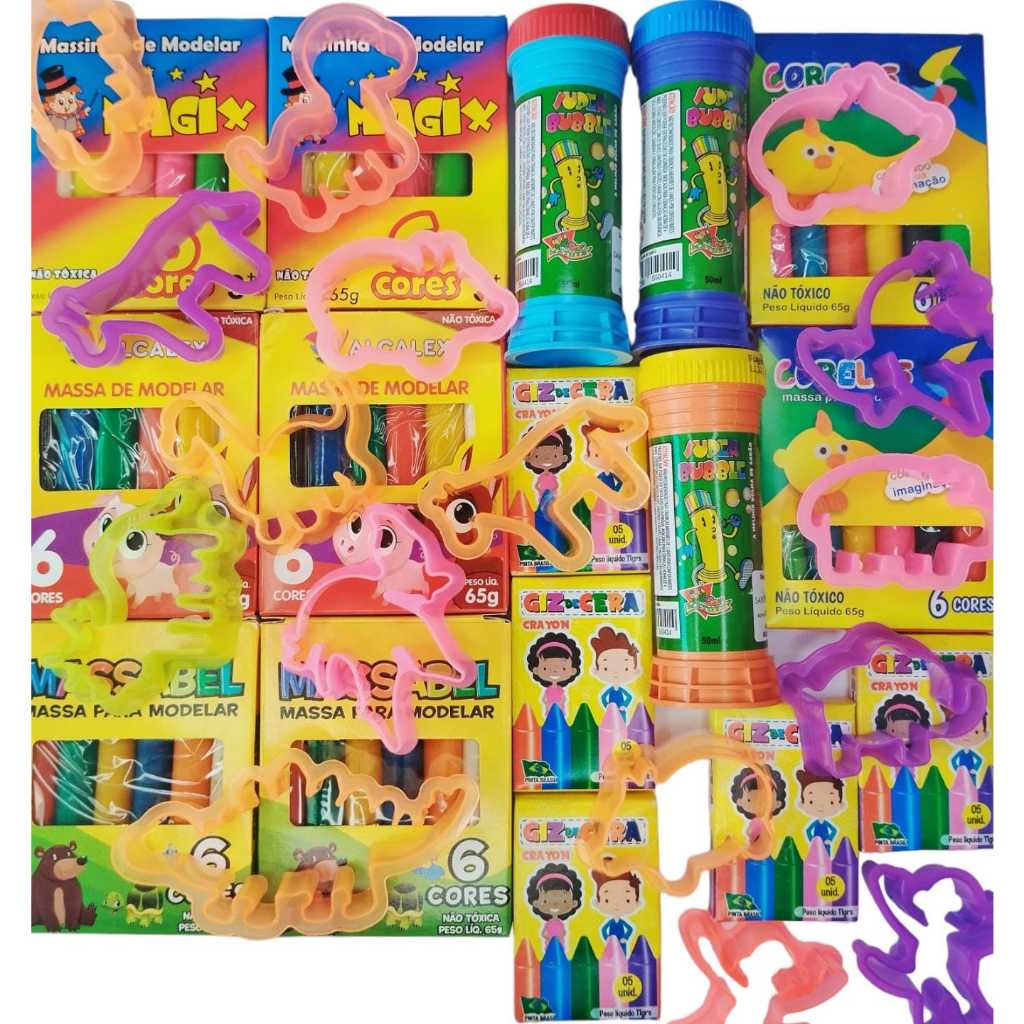 Kit 30 Caixas Massinha Modelar + 30 Cx Mini Giz Cera + 30 Bolhas De Sabão + 30 Cortador Lembrancinha em Oferta na Shopee