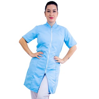 Jaleco Feminino Oxford PLUS Size Acinturado Zíper Gola Padre Manga Curta Esteticista Nail Designer Estudante Dentista Profissional Saúde Salão de Beleza Assistente Clínica Consultório