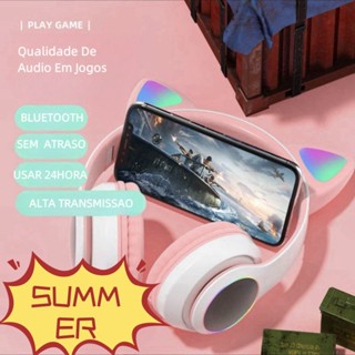 Fone de Ouvido/Headset Gamer Orelhas de Gatinho Com LED Sem Fio, Bluetooth e Com Microfone