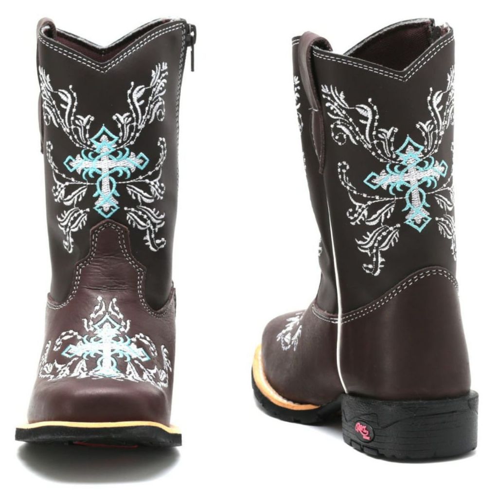 Bota Infantil Texana Cruz Botinha Feminina Com Ziper Moda Country Bico Quadrado Bordada Cano Medio