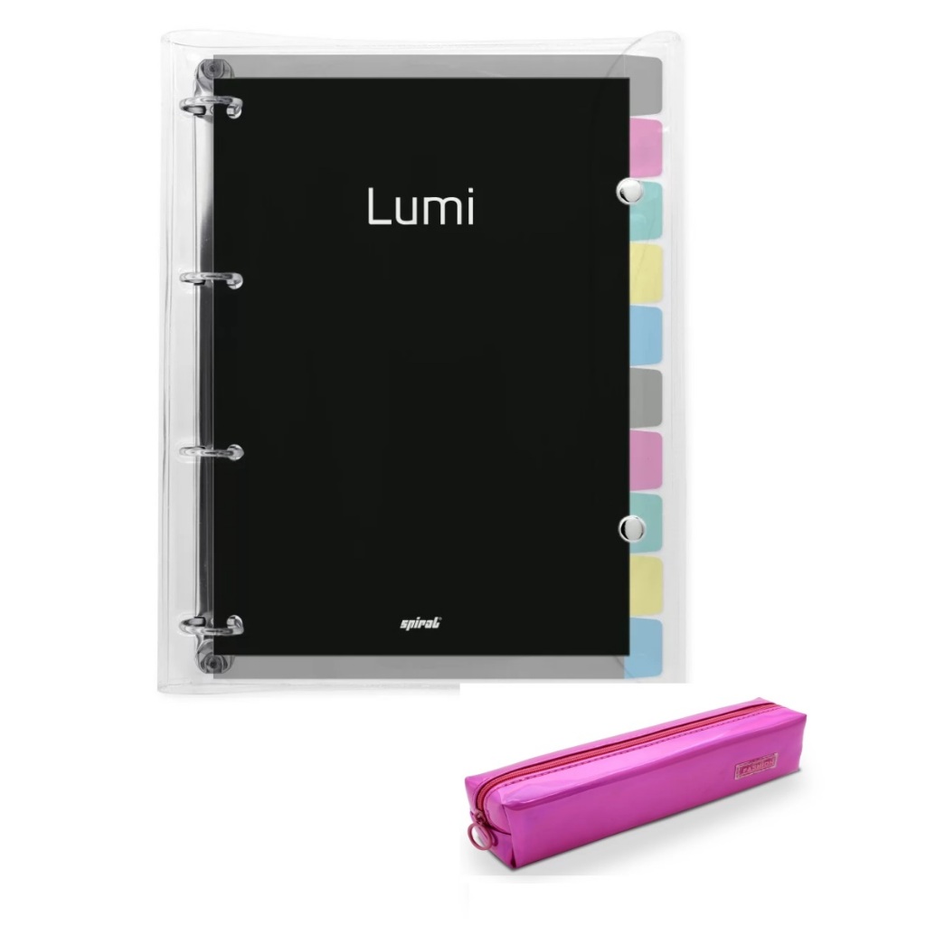 Kit Escola Faculdade Fichário universitário, 4 argolas com 200 folhas, Lumi, Preto, 2409663, Spiral Lumi - 1 UN E Estojo Escolar PVC Pink, A2242, Spiral - PT 1 UN