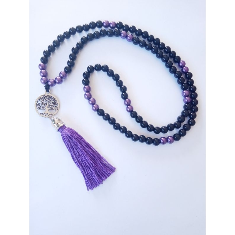 Imagem Japamala 108 Contas Pérola Negra E Roxa Com Pingente Árvore da Vida Rosário Budista Meditação Ref:270