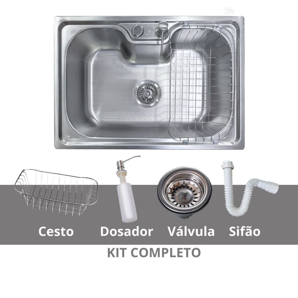 Cuba para Cozinha pia inox 201 Com Acessórios 60x42 Acetinada Dosador de Sabão Cesto Aramado Válvula e Sifão