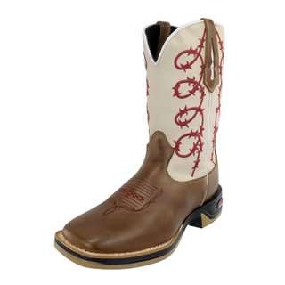 Bota Feminina Texana Country em Couro Com Bordado Arame Bico Quadrado Café Marrom