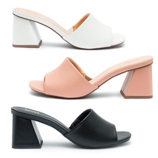 Sandália Feminina Klode Salto Médio Grosso Tamanco Mule Branco Nude e Preto Calce Fácil Original Confortável Super Macia