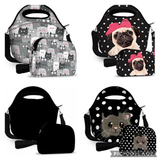 Kit Lancheira Neoprene Com Necessaire preto escolar colorido Liso Isoprene