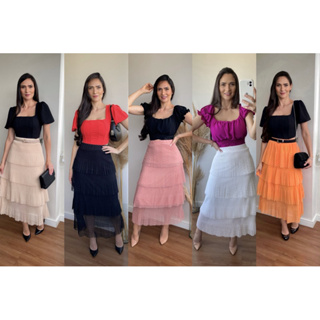 Saia Midi cintura elástica Longa de Tule plissada Estampada Bolinhas Saia Festa em 4 camadas S-3 em Oferta na Shopee