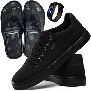 Kit Sapatênis Casual Masculino Super Conforto + Chinelo e Relógio Led de Brind