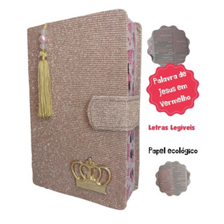 Bíblia Feminina com Harpa Capa Glitter com Botão Magnético e Pingente Marca Página - Dourada