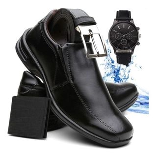 Kit Sapato Social Masculino Ortopédico de Couro Sola Antiestresse + Cinto Dupla Face + Carteira + Relógio