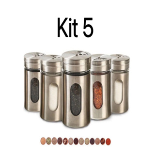 Kit 5 Saleiros Pimenteiro Condimentos Premium Vidro Aço Inox Com Visor em Oferta na Shopee