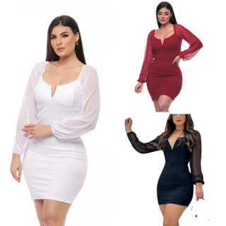 vestido manga longa tule decote v tendencia moda 2023