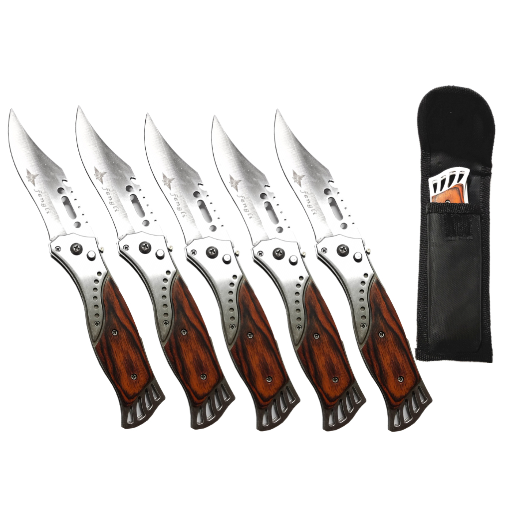 Kit com 5 Canivete Automático Aço com Madeira Tático Afiado Retrátil Militar
