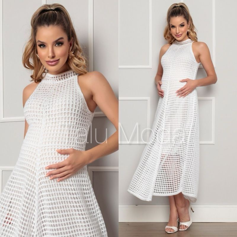 Vestido Tricot Rendado Gestante chá de bebê   Vestido Midi chá revelação 144