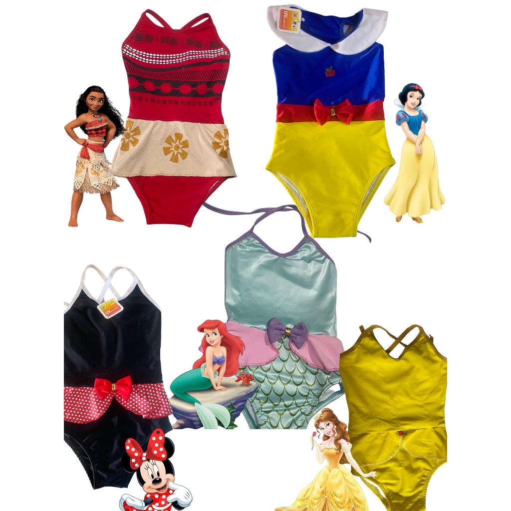 Maiô  infantil  de princesa com proteção uv 50 menina branca de neve, sereia ariel, bela e minie