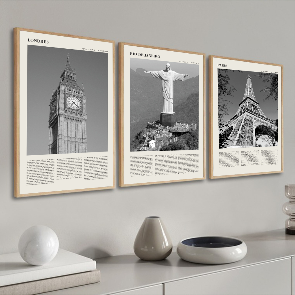 kit 3 quadros rio de janeiro cristo redentor paris torre eiffel londres com molduras