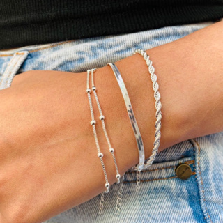 Kit 3 Pulseiras Prata 925 Folheada Cordão Baiano Fio Liso Metalizada Conjunto Pulseira Feminina de Bolinha em Oferta na Shopee