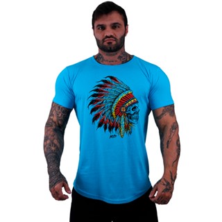 Camiseta Longline Slim Masculina MXD Conceito Academia Treino Lazer Caveira Indígena Estampas